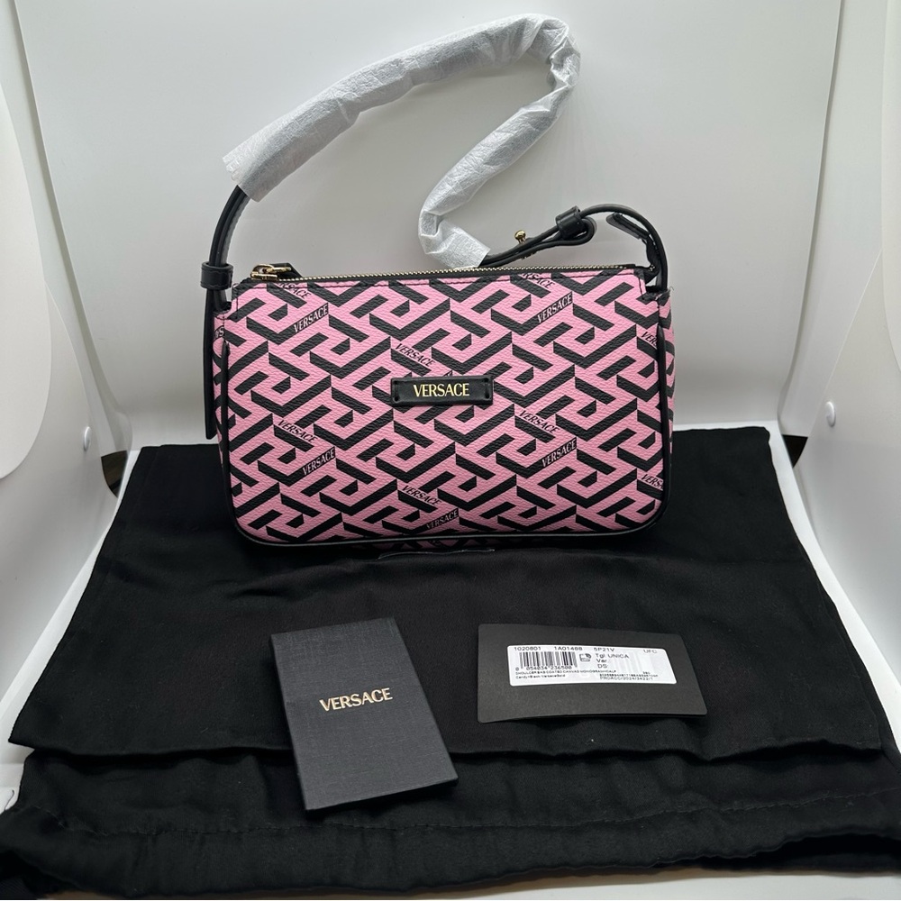 NWT Versace Authentic Pink Coated Canvas Monogram Calf Leather Shoulder Bag $129